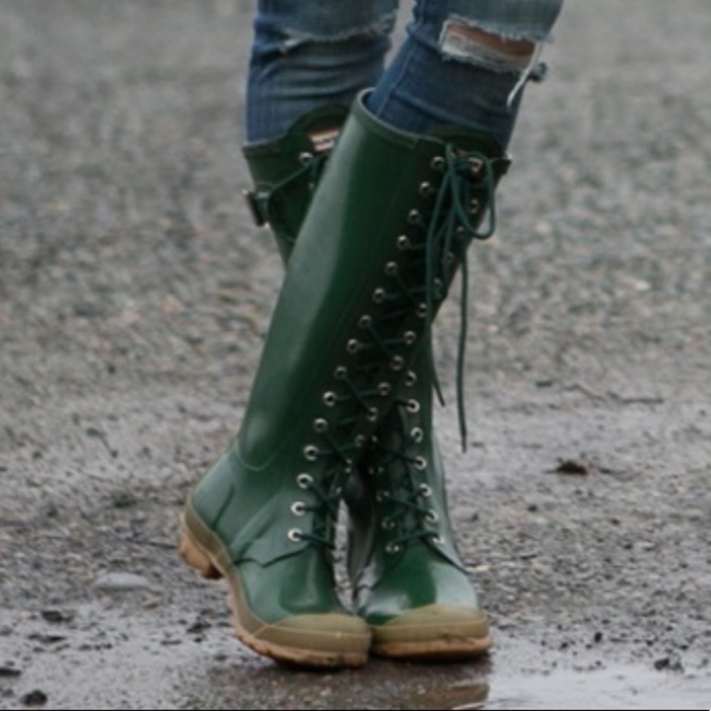 Hunter Boots Watling Lace Up Gloss Boots - Green